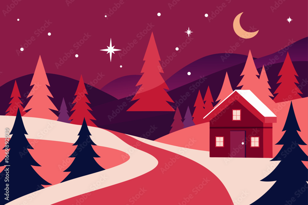 Obraz premium A snowy winter forest with festive trees and snowflakes, perfect for a holiday card or celebration