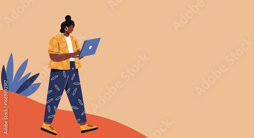 Stylized person using a laptop, representing modern remote work, digital nomad lifestyle, online learning, or technology integration. Ample copy space.