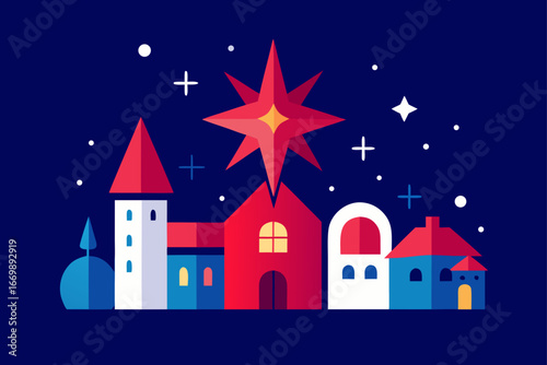 A fantastical cartoon illustration of a medieval castle on a hill at night, its towering spires and glowing windows silhouetted against the dark sky