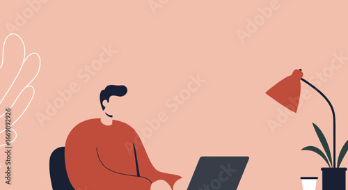Minimalist illustration of a person working remotely on a laptop, depicting productivity, online learning, or a modern home office setup. Ideal for business and lifestyle concepts.