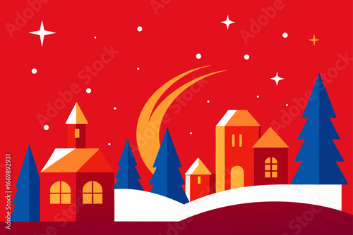 Vector illustration of a festive winter landscape with a cozy village under a starry night sky