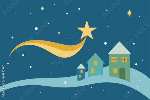 A beautiful Christmas night landscape with a cozy house and snow-covered trees under a starry sky