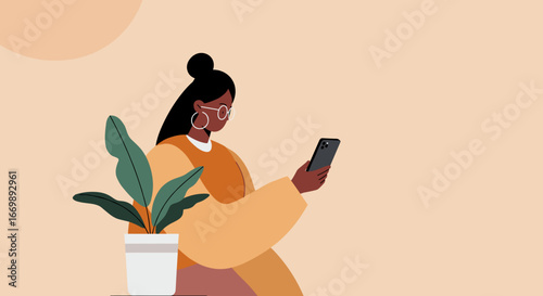 A stylish woman engaged with her smartphone, reflecting modern communication, digital lifestyle, and online connectivity. Ideal for technology, social media, and remote work concepts.