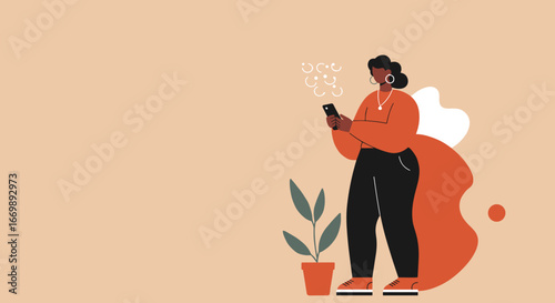 Modern woman engaging with her smartphone, sending messages or browsing social media. Represents digital communication, online connectivity, and contemporary lifestyle.