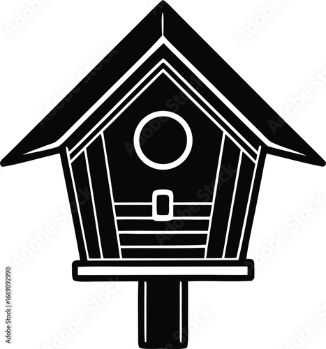  Monochrome illustration of a classic wooden birdhouse with a distinctive roof design