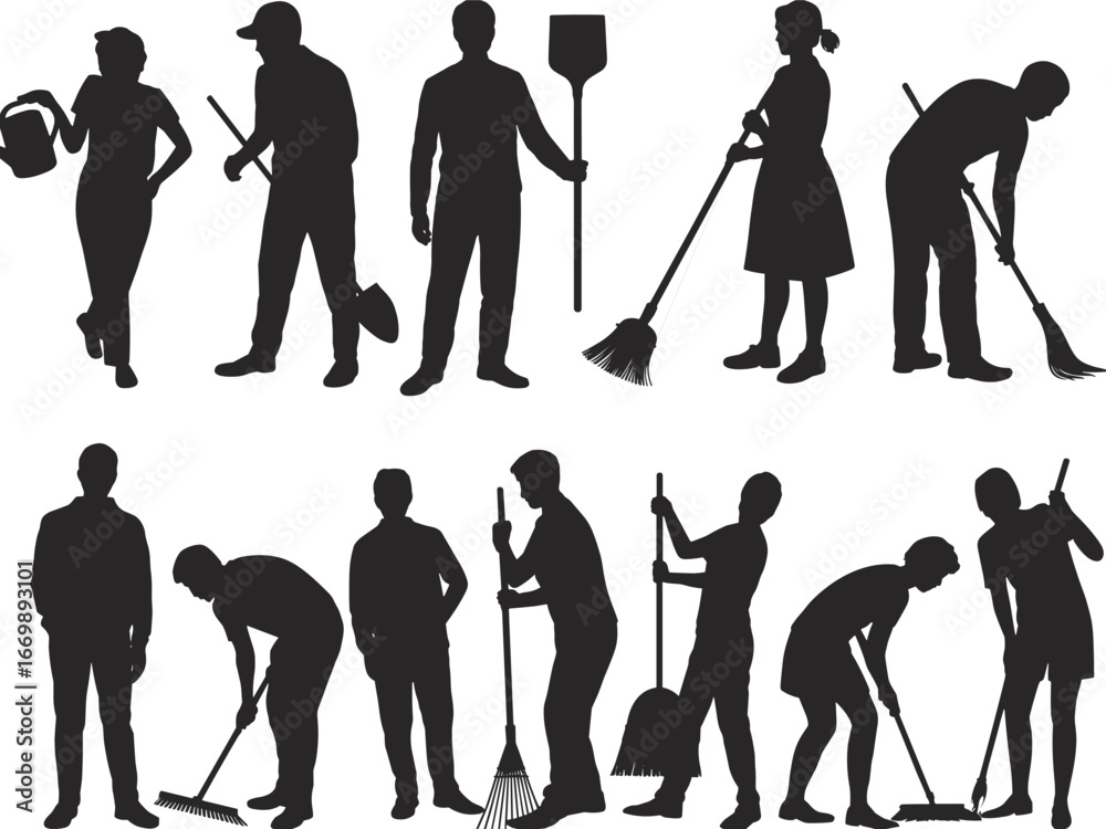 Obraz premium Silhouettes of people gardening, watering, digging, sweeping, raking, teamwork in garden, outdoor cleaning, community work, nature care, gardening tools, soil preparation, environmental activity