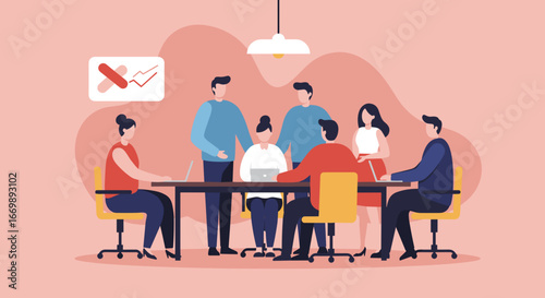 Diverse business team collaborating in a modern office meeting, discussing strategy, problem-solving, and achieving project goals together. Ideal for corporate communication.