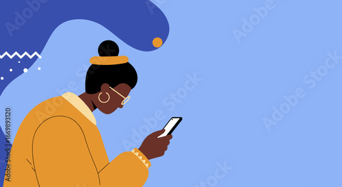 An illustration of a young woman intently using her smartphone, embodying concepts of digital communication, technology, and modern lifestyle. Ideal for social media, app use, or business.