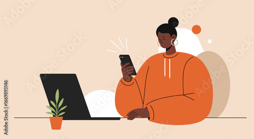 Young woman multitasking, using a smartphone and laptop. Represents productivity, remote work, communication, and digital lifestyle. Ideal for technology, business, or education concepts.