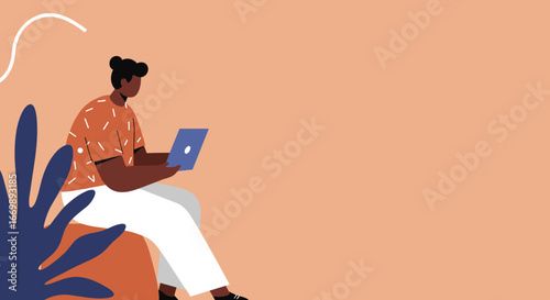 Focused young person working remotely on a laptop in a casual setting, embodying modern productivity, online education, or digital lifestyle. Ideal for business and tech themes.