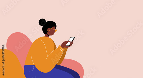 Relaxed woman using smartphone, engaging with social media or digital content. Represents modern communication, online interaction, and mobile technology for lifestyle or business.