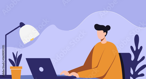 Professional working remotely at a desk with a laptop, lamp, and plant. Ideal for business, productivity, or freelance concepts.