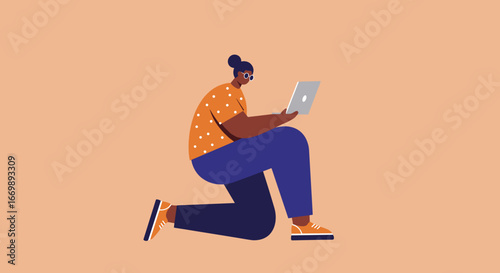 Person focused on a laptop in a modern illustration, depicting remote work, digital productivity, and flexible lifestyle. Ideal for business, education, and technology concepts.