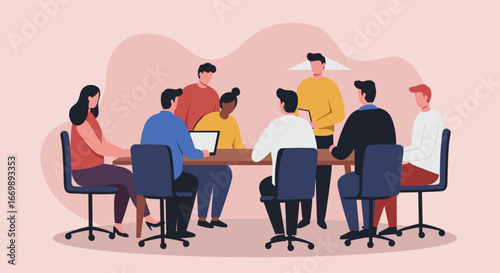 A diverse group of colleagues actively collaborates around a conference table in a modern office setting. Represents teamwork, innovation, and strategic business discussion.