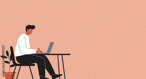 Focused man works remotely on his laptop at a minimalist desk with a plant, representing productivity, freelancing, and modern work. Ideal for business or online education.