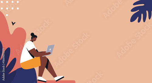 Stylish illustration of a person working remotely on a laptop in a serene, abstract natural setting. Perfect for themes of digital nomad lifestyle, flexible work, and modern leisure.