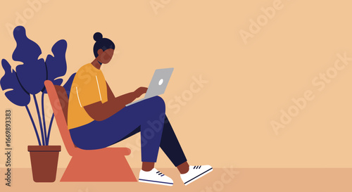 Person working on laptop at home or remote office. Concept of freelance, online education, or digital nomad lifestyle.