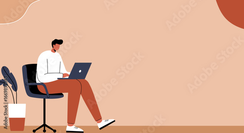 Man working remotely on a laptop in a modern, minimalist home office. Represents productivity, online learning, or flexible work lifestyle. Ideal for business and technology themes.