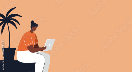 Young person working remotely on a laptop in a relaxed, tropical-inspired setting. Ideal for themes of freelance, digital nomad lifestyle, and flexible work.