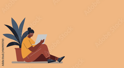 Young woman working or studying remotely on laptop at home, sitting comfortably by a plant. Ideal for business, education, and lifestyle content.