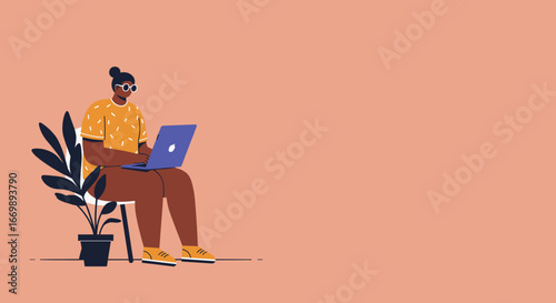 A focused person in sunglasses casually works on a laptop, surrounded by a minimalist setting and a potted plant, illustrating remote work, online learning, or creative freelancing.