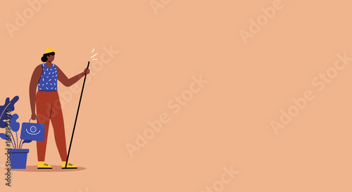 Optimistic professional ready for a journey, holding a smiling briefcase and a staff. Represents ambition, business travel, new beginnings, and positive progress.