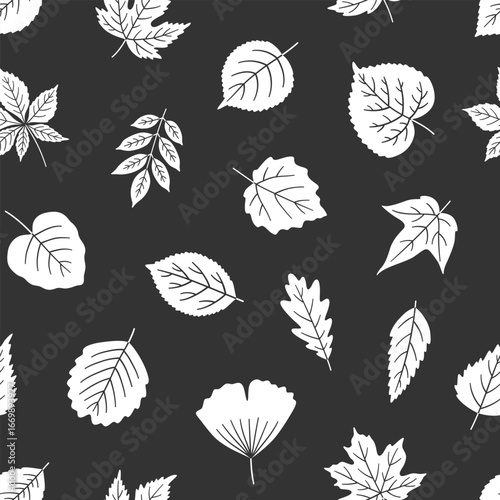 Seamless pattern with white silhouette leaves on black background. Textured leaf of maple, linden, birch, chestnut, and others. Print for textile, package, and wrapping paper. Vector illustration