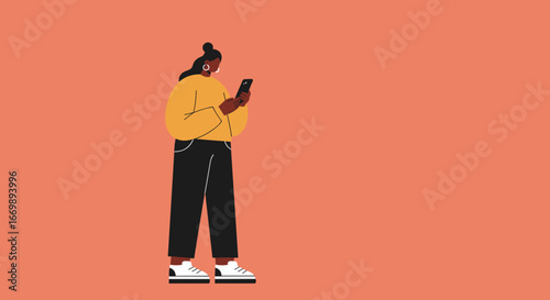 Modern woman standing and casually using her smartphone, engaged in digital communication, social media, or app usage. Represents connectivity and contemporary lifestyle.