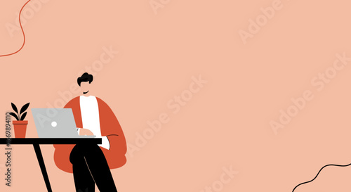 Modern illustration of a person working remotely on a laptop at a desk with a plant. Ideal for concepts of online business, productivity, and contemporary professional lifestyle.
