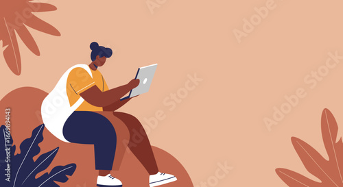 Modern person working on a laptop outdoors in a stylized natural environment, embodying remote work, digital lifestyle, and freedom. Ideal for business, education, or leisure concepts.