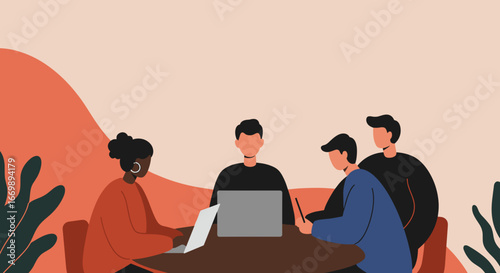Diverse team of professionals collaborating on a project in a modern, inclusive workspace, fostering innovation and successful business partnership.