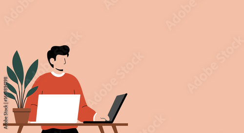 A minimalist illustration of a person working diligently on a laptop at a desk with a plant, perfect for showcasing remote work, online learning, or digital business concepts.