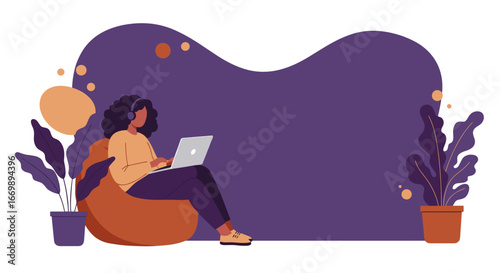Woman with headphones working remotely on laptop from home, sitting comfortably on a bean bag. Ideal for modern lifestyle, online education, or flexible work concepts.