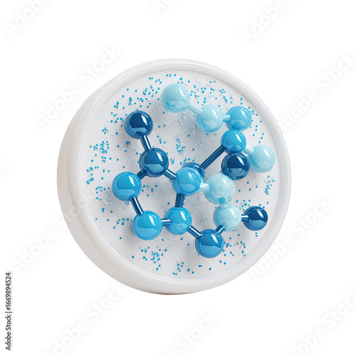 Molecular structure graphic blue interconnected spheres inside a white circular case