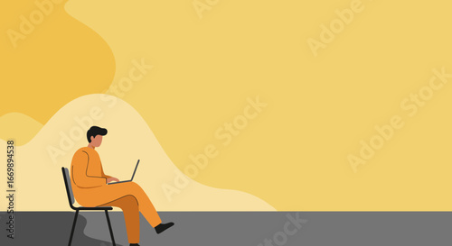 Illustration of a man working remotely on his laptop against a yellow, abstract background, ideal for business, education, or lifestyle content.