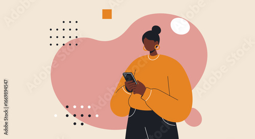 Modern illustration of a stylish Black woman engaging with her smartphone. Ideal for concepts of digital communication, social media, mobile apps, and online lifestyle.