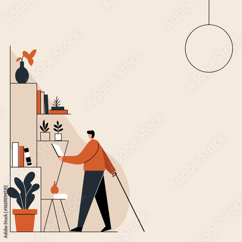 Visually impaired man independently reading a digital device with a white cane in a stylized home interior, emphasizing accessibility and modern living.