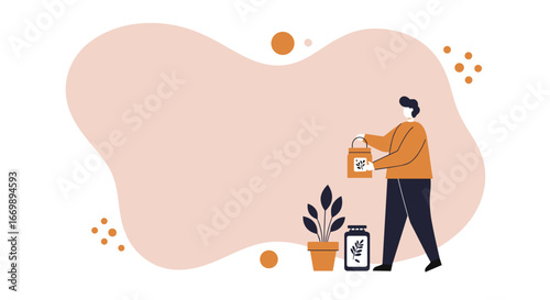 Man carrying a paper bag with plant products, promoting an organic lifestyle and sustainable shopping. Ideal for healthy living, natural wellness, and eco-friendly concepts.