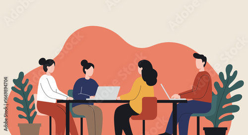 Modern diverse team engaged in a collaborative meeting with laptops, symbolizing teamwork, innovation, and successful business strategy.