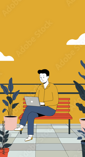 Young man works on laptop outdoors, embodying flexible remote work and digital lifestyle. Ideal for business, freelance, and online productivity concepts.