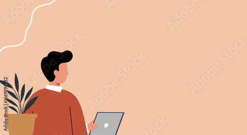 Focused man works remotely on a laptop, surrounded by a minimalist, calm home office setting, ideal for modern business and lifestyle content.
