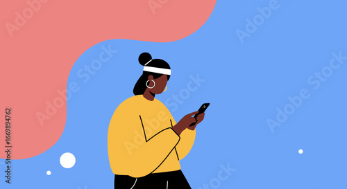 Modern woman checking her phone, symbolizing digital connection, online communication, and tech-savvy lifestyle.