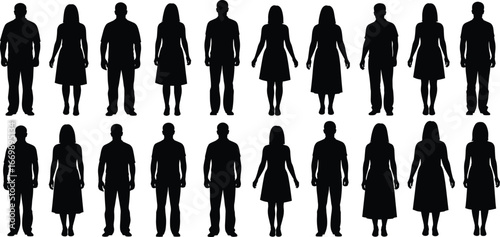 Silhouettes of standing men and women in casual clothing, front view, diverse group, black outline figures, white background, simple human shapes