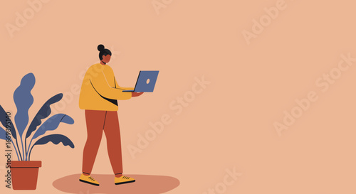 Modern person using a laptop while standing next to a plant, embodying remote work, digital lifestyle, and flexible productivity. Ideal for business, education, or technology concepts.