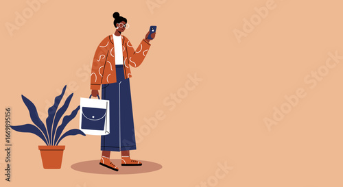 Modern woman engrossed in her smartphone, holding a tote bag. Represents urban lifestyle, communication, and digital connectivity, suitable for business or leisure themes.