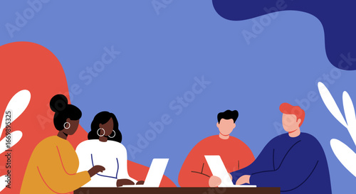 Diverse team of professionals collaborating in a modern, inclusive workspace. Perfect for illustrating business meetings, project discussions, or teamwork concepts.