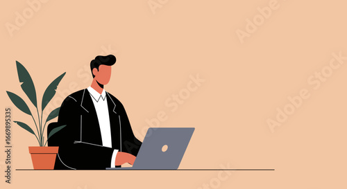 Professional man in a suit working diligently on his laptop at a minimalist desk with a plant. Ideal for business, technology, and remote work concepts.