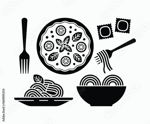 Hand drawn outline set of Italian food pizza and pasta illustration