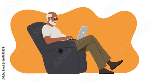Elderly man with a beard and glasses sitting in a recliner, using a laptop. Represents seniors embracing technology, remote work, or online leisure at home.