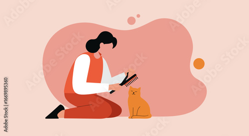 Woman gently brushing her calm orange cat, showcasing pet care and animal companionship in a minimalist setting. Ideal for lifestyle and pet-related content.